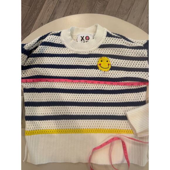 Kerri Rosenthal Knit Crochet Smiley Face Striped Sweater S Blue White Yellow - Picture 4 of 9
